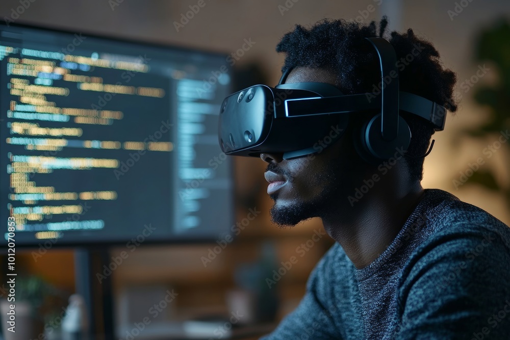 Canvas Prints portrait shot of software engineer of black ethnicity in vr headset writing code for cutting-edge ga
