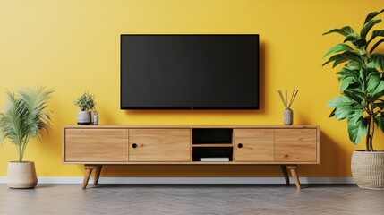 Contemporary Living Room with Television on White Cabinet and Plant on Wall Background