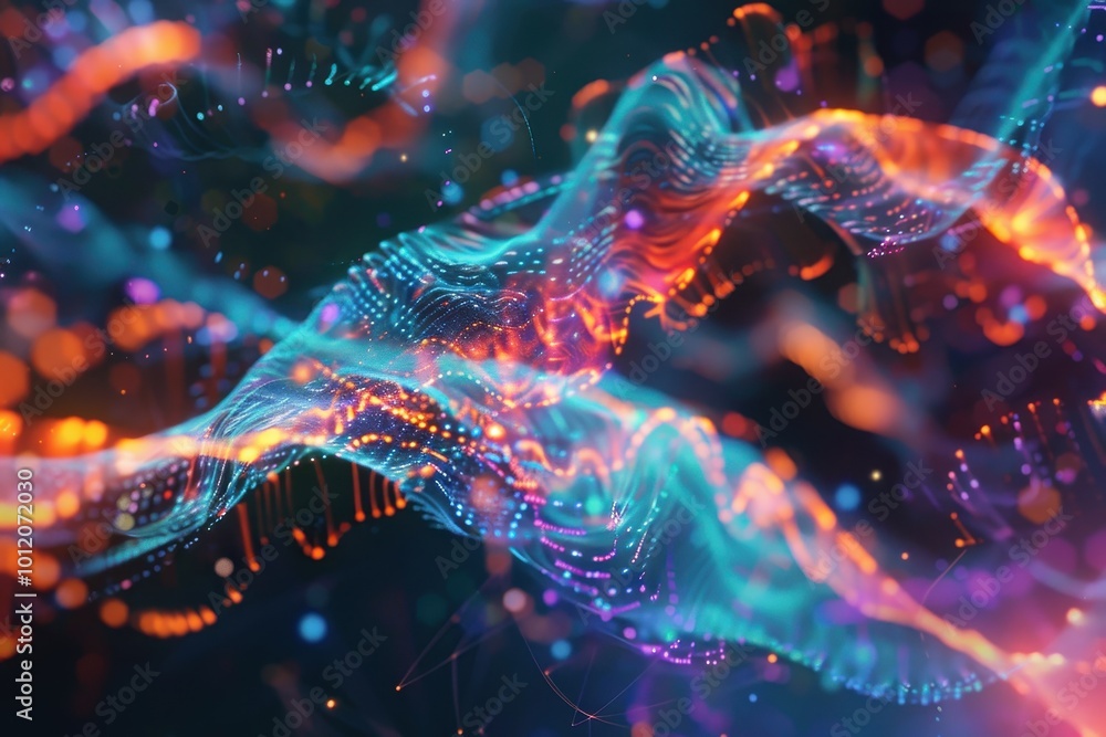 Poster Vibrant abstract waves of light and color flowing dynamically against a dark background, illustrating energy and motion in a captivating visual display