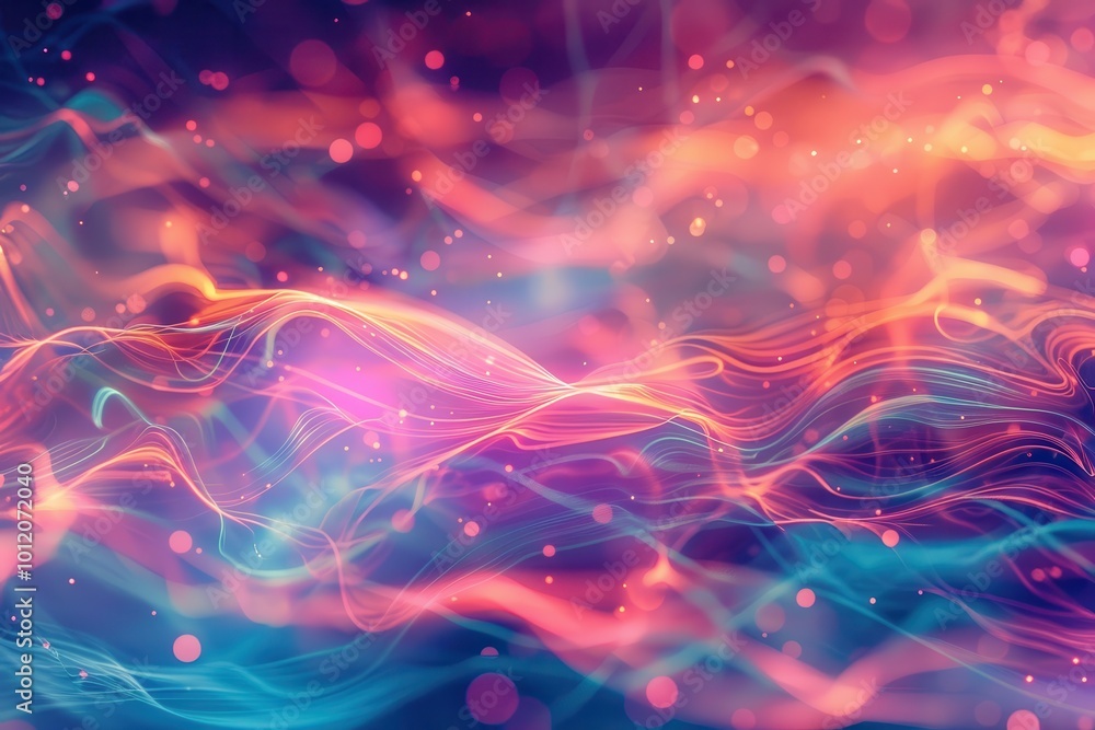 Poster Vibrant abstract waves of light and color flowing dynamically against a dark background, illustrating energy and motion in a captivating visual display