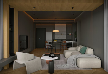 3d render of modern home interior, living room, dining room