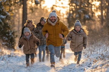 Portrait of playful family running in winter forest all smiling happily in sunlight, copy space, Generative AI