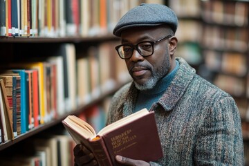 Portrait of blind African-American man choosing book in library, Generative AI