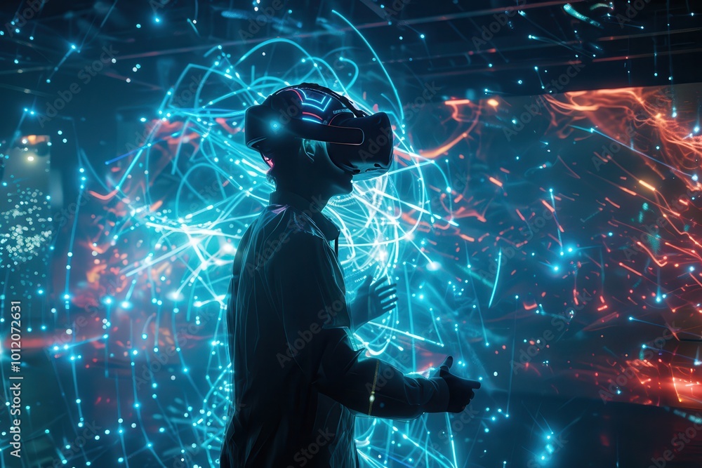 Aufkleber Virtual reality experience with vibrant glowing visuals in an immersive gaming environment during nighttime exploration