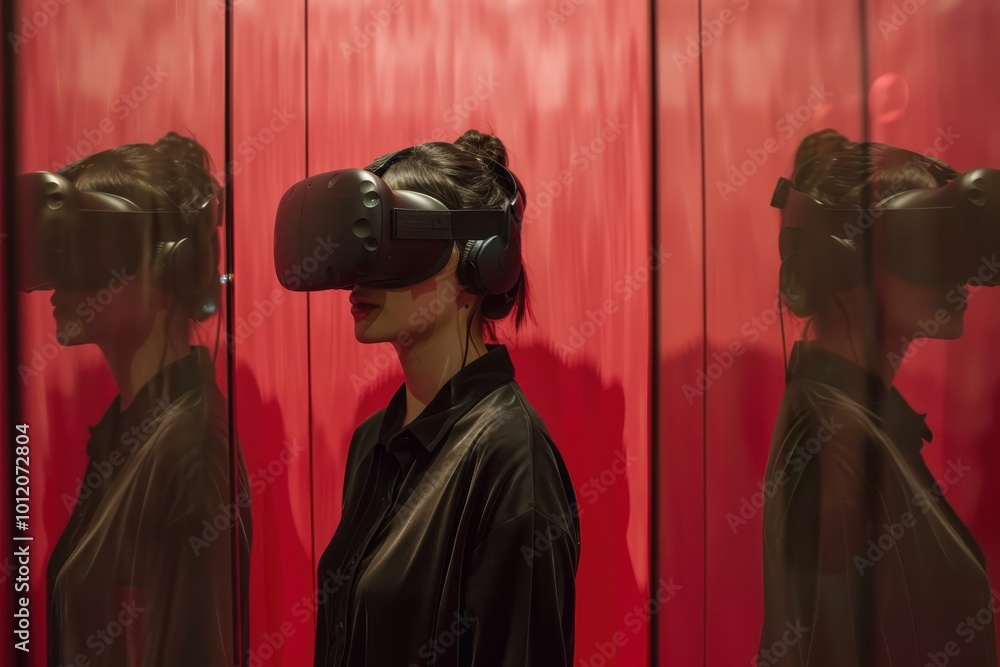 Poster virtual reality experience with vibrant glowing visuals in an immersive gaming environment during ni