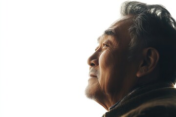 Korean 70-year-old man side silhouette, looks happy, no beard, rich hair, close up, white background
