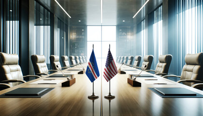 A modern conference room with Cape Verde and USA flags on a long table, symbolizing a bilateral meeting or diplomatic discussions between the two nations.