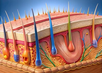 Detailed Anatomy of Hair Structure Illustrating Follicles, Shaft, and Cuticle Layers for Education