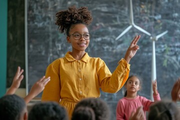 Female teacher of Black ethnicity conducting environmental awareness lesson showing small wind turbine while children raising hands in class with, Generative AI