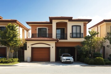 Fototapeta premium Charming Suburban Home with Attached Garage and Lush Garden Setting