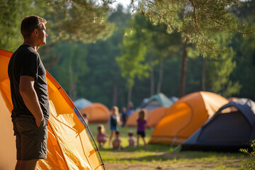 Un homme au camping savoure ses vacances