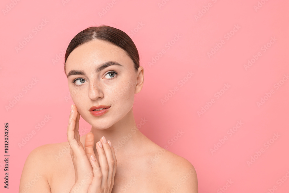 Sticker Beautiful young woman with healthy skin on pink background, space for text