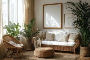 Cozy home living room interior with sofa and panoramic window. Mockup wall, Generative AI