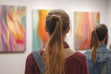 Back view at diverse group of teenagers looking at abstract art in modern art gallery or museum, copy space, Generative AI