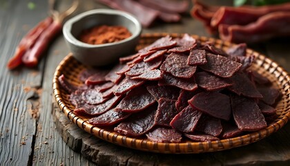 Borts Air-Dried Meat Strips on Woven Tray (Mongolian Cuisine)