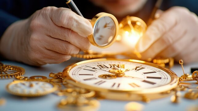 A skilled watchmaker meticulously repairs a vintage pocket watch with intricate golden details