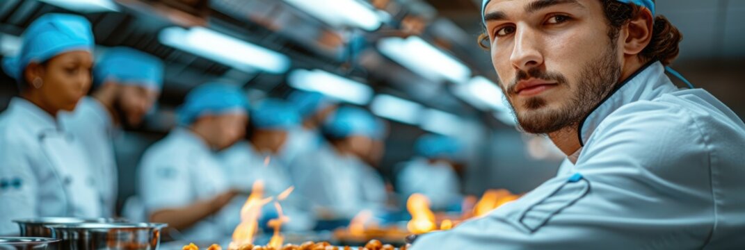A chef focused on cooking in a busy kitchen during a culinary training session in the evening