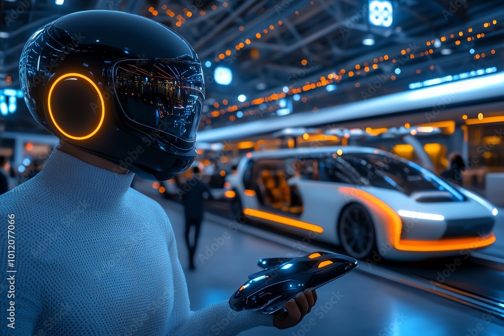 Poster interactive 3d digital scene of a futuristic transportation hub, where people board flying taxis and