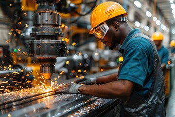 Worker operating a milling machine in a metal fabrication workshop during the daytime
