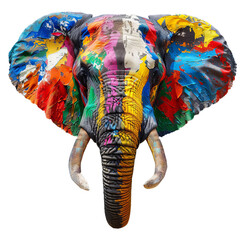 Obraz premium Majestic elephant with colorful holi paint splattered on its face, isolated on a white background