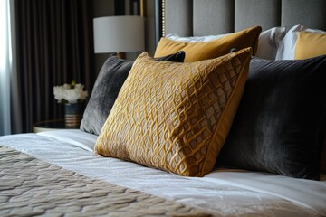 Luxurious Bedchamber: Cozy Pillows and Blanket in Tranquil Hotel Room