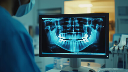Capturing a close-up view, a dental professional in blue scrubs scrutinizes a dental x-ray on a computer screen, set against the backdrop of a well-equipped dentist office. This im