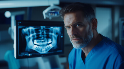 A close-up portrait of an allied health dental professional in blue scrubs, intently examining a dental x-ray displayed on a computer screen. The background reveals a modern dentis