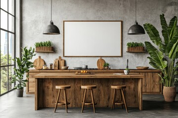 Modern kitchen interior with blank poster on wall, wooden furniture, and indoor plants, on a white background, concept of home decoration. 3D, Generative AI