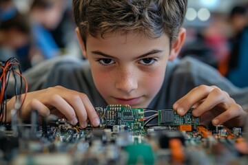 Close up of boy building robot and wiring circuit board during engineering class at school, Generative AI