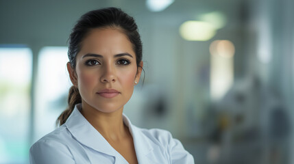 Obraz premium Create a close-up portrait of a Hispanic nurse looking at the camera, showcasing her determination and expertise. Emphasize the details of her uniform and any medical equipment in