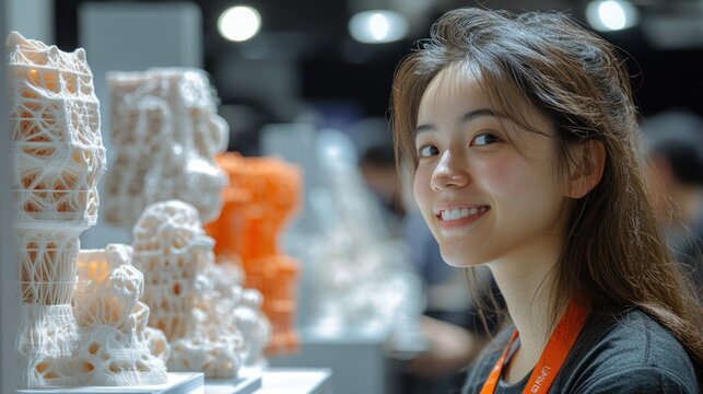 A young woman smiles confidently as she stands in front of 3D printed sculptures at a technology conference.