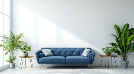 Modern Living Space with Cozy Sofa, Stylish Plant Decor, and Minimalist Design