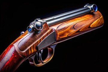 Detailed close-up of a sawed off shotgun showcasing barrel, trigger, and stock on a dark background