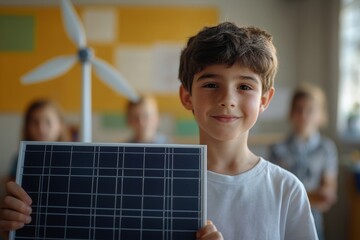 Close up on mini solar energy wind turbine and huge solar panel in hands of primary schoolboy presenting project about sustainable technology in class, copy, Generative AI