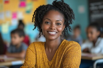 Medium long shot portrait of happy Black woman working as primary school teacher sitting on desk looking at camera in classroom, copy space, Generative AI