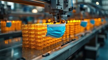 Naklejka premium A robotic arm places a blue surgical face mask into a clear plastic container on a production line.