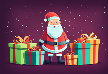 the cheerful Santa Claus, rejoice, surprise and surprise gifts, giving presents, boxes in cartoon folding style illustration style, comic and colorful background image design