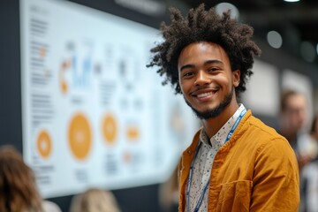 Cheerful confident young black student with Afro hairstyle standing in convention center room and presenting his startup project at conference, Generative AI