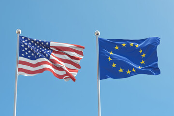 The US and EU flags wave proudly in a clear blue sky, symbolizing transatlantic friendship and cooperation