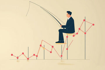 A businessman engaged in fishing while perched on an ascending line graph, symbolizing growth and opportunity in a creative financial landscape