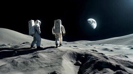 Two astronauts stand on the surface of the Moon, gazing at the distant Earth in the blackness of space. A moment of exploration and wonder, capturing the vastness and isolation of outer space. - Powered by Adobe