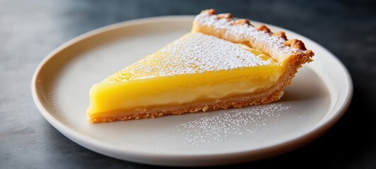 A slice of lemon tart with a buttery crust and a smooth lemon curd filling, topped with a dusting of powdered sugar, presented on a simple white plate