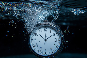 A silver clock submerged in water, symbolizing the passage of time and the fleeting nature of moments as bubbles rise around it