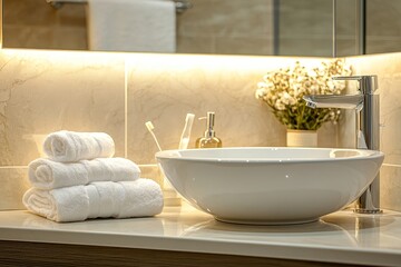 Stylish hotel bathroom interior with sink, mirror and accessories. Empty space, Generative AI