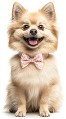 Obraz premium Vertical full shot of happy cream pomeranian dog wearing cute pink collar bow with glittering stars sitting isolated on white background in studio, copy, Generative AI