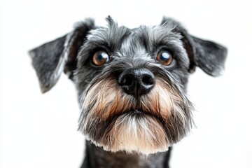 Close up of adult silver schnauzer dog with cute beard looking at camera with one eye isolated in studio on white background, Generative AI