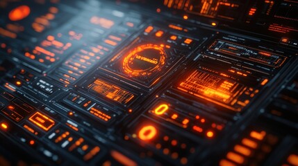 Obraz premium A futuristic digital interface with glowing orange lights and various data displays.