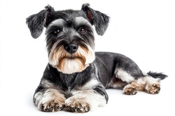 High-angle shot of standard schnauzer dog of salt-and-pepper color with cute beard in sit position on white background looking at camera isolated in studio, focus on dogs face, copy, Generative AI