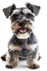 Full shot of purebred silver schnauzer dog obedience training isolated in studio on white background, copy space, Generative AI