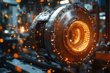 Close-up of a futuristic metallic engine with glowing orange lights and sparks flying.